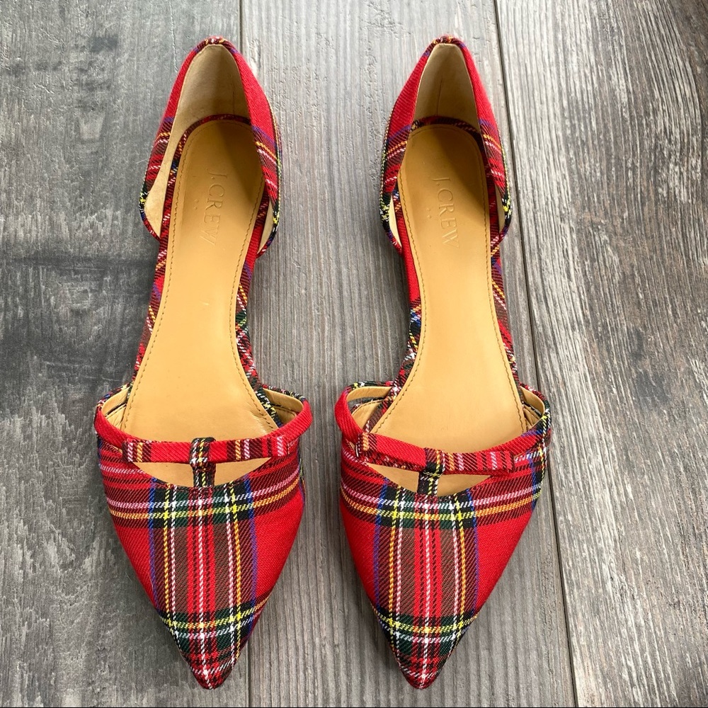 J. Crew Red Plaid Tartan D’orsay Pointed Toe Bow Flats 9 preppy!